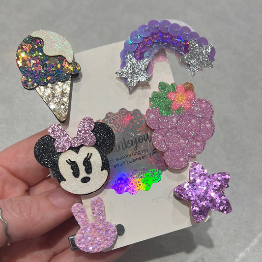 Glitter Hair clips! 6pk Minnie lilac variety pack