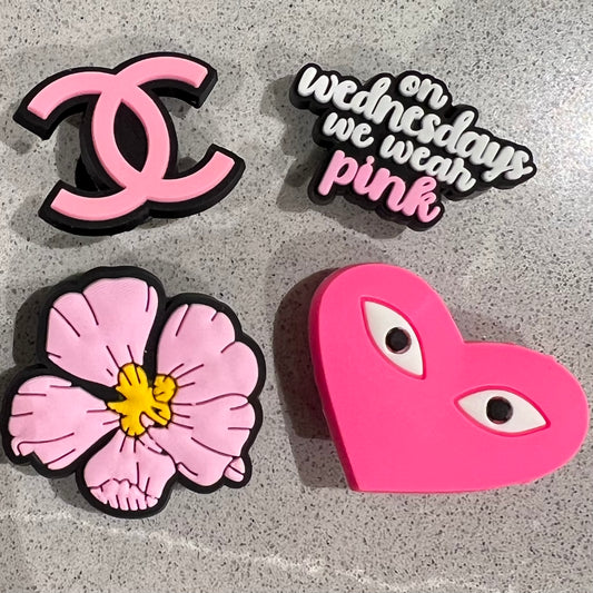 Croc charm set 4pk - Chanel ya know! - Play heart, flower, pink wed.